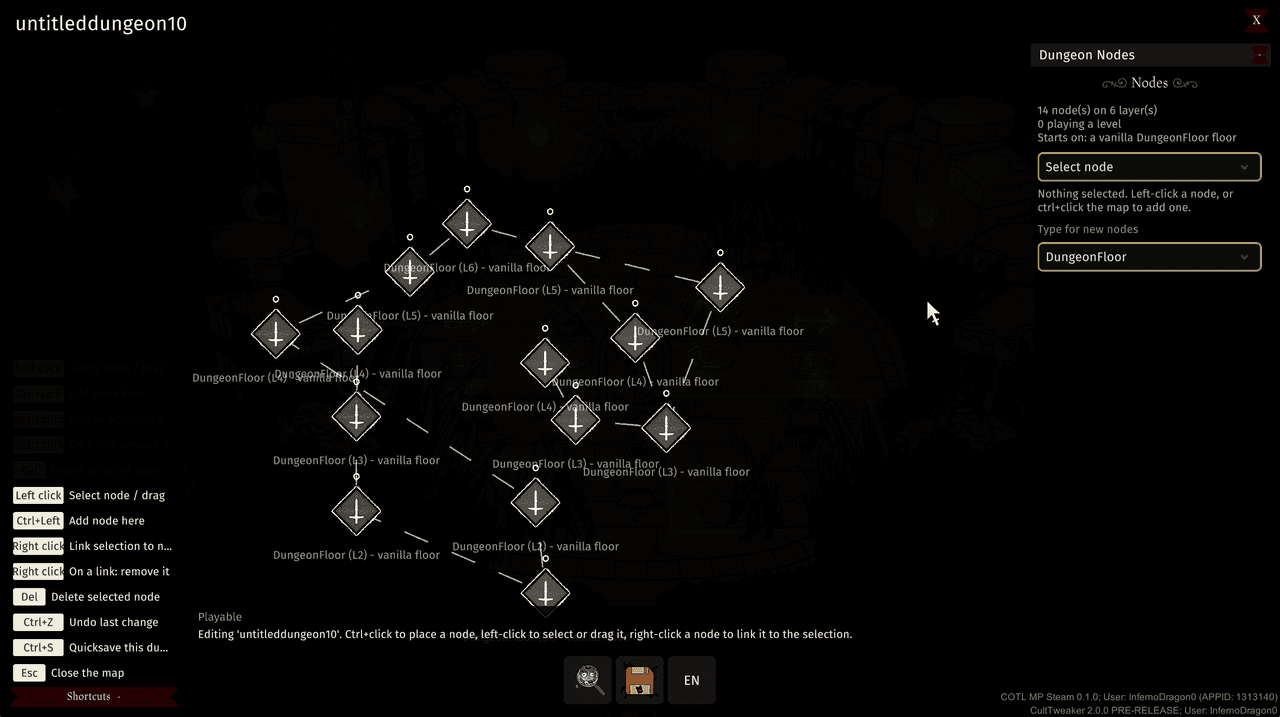 The dungeon builder, with fourteen nodes over six layers and the map reported playable