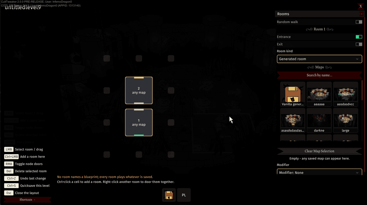 The level layout screen, with two rooms placed and the Rooms panel open