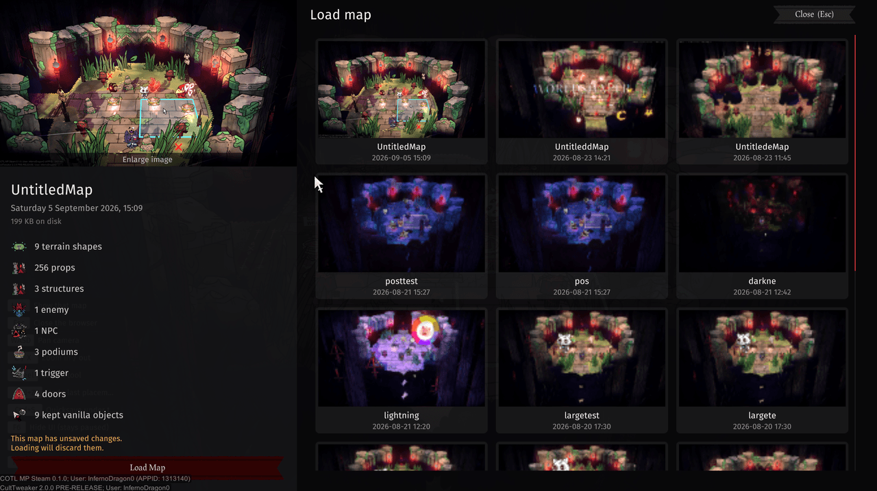 The Load Map browser, with a map selected and its contents listed