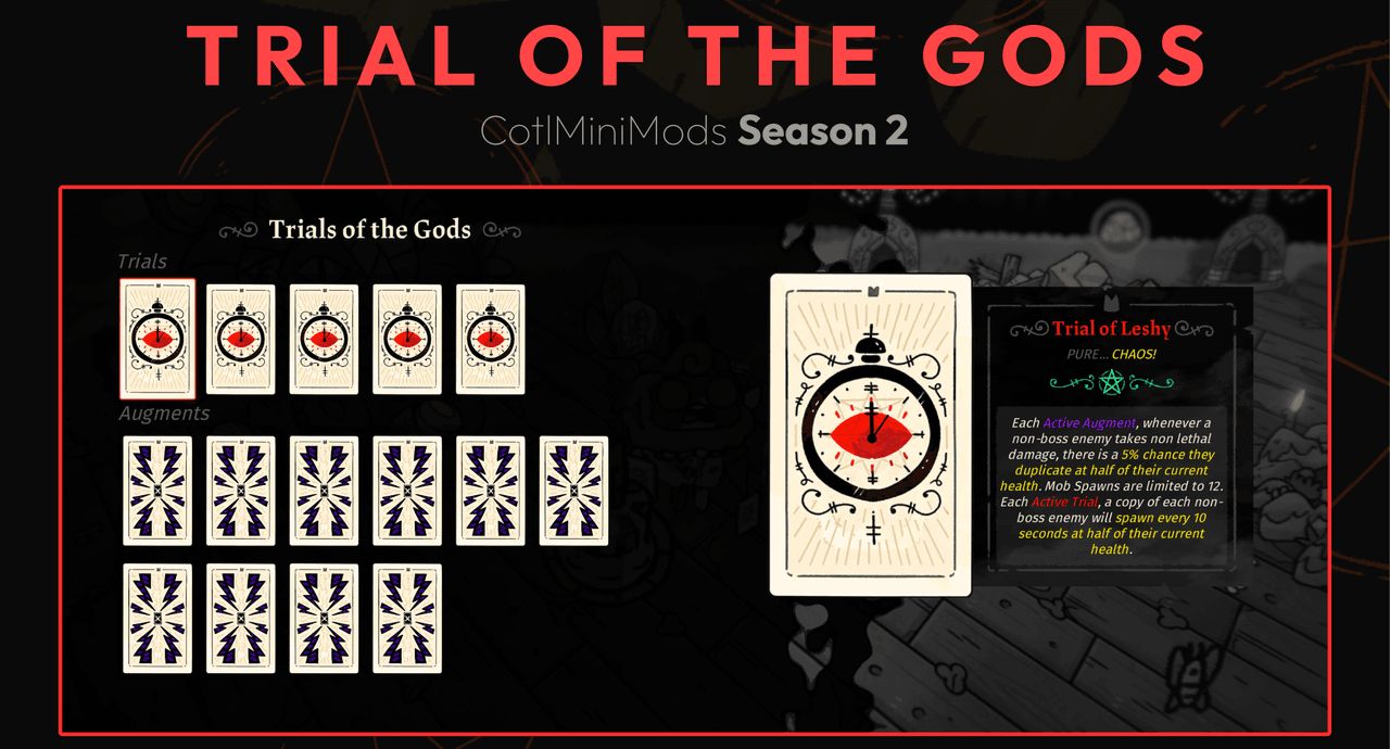 The Trial of the Gods screen, with the trial and augment cards laid out