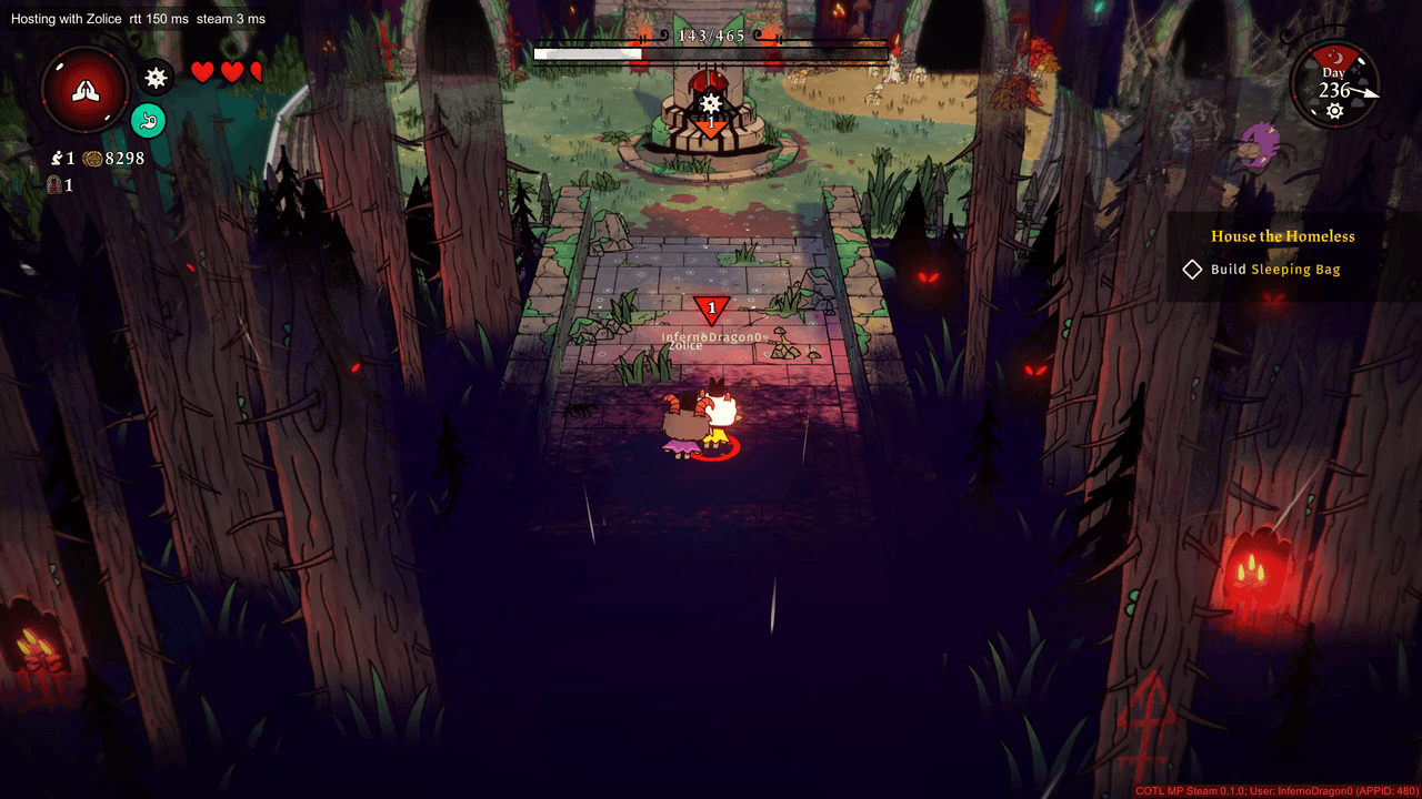 Two players crossing a bridge together in a dark forest, their names above them and the host's connection shown in the corner