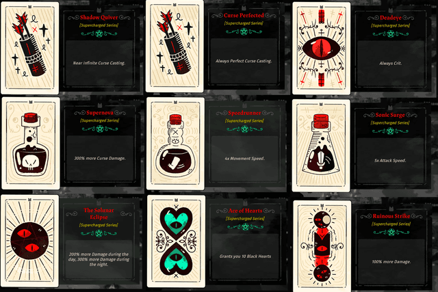 Supercharged tarot cards laid out with their effects